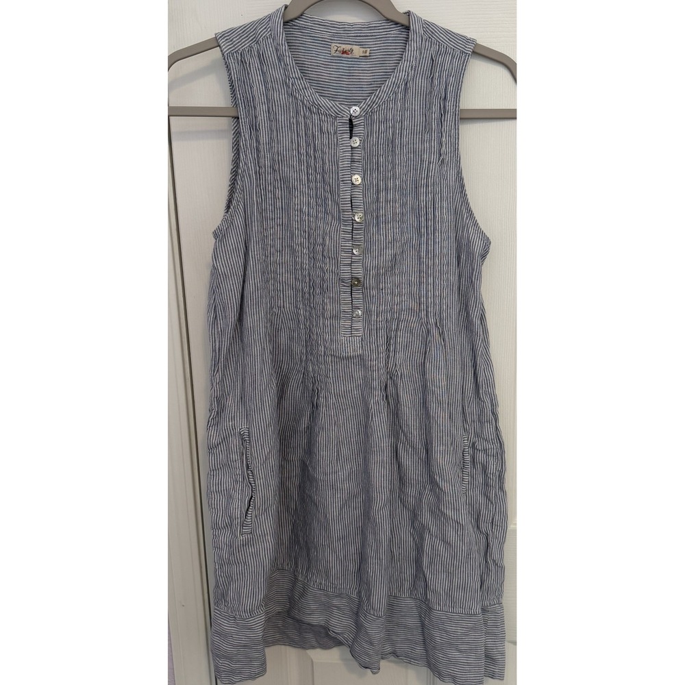 Faherty Isha Swing Dress Small Blue Stripe 100% Linen Boho Mini Sleeveless EUC
